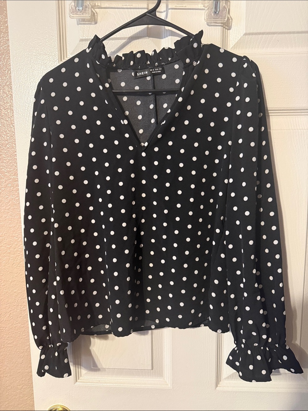 SHEIN Black Polka Dot Ruffle Neck Long Sleeve Blouse
